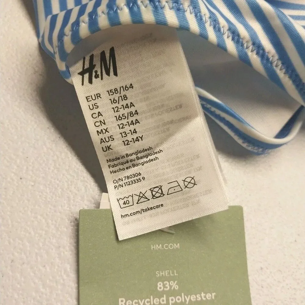 H&M Girls One Piece Swimsuit Blue White Striped NWT Size 16/18 12-14Y Nautical